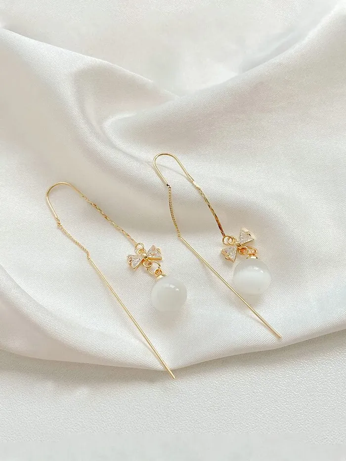 Yellow Chimes Earrings For Women Gold Tone Long Chain Tassel Bow Knot Shape Pearl Drop Earrings For Women and Girls Yellow Chimes Earrings