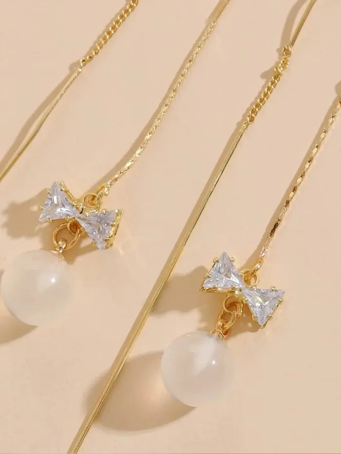 Yellow Chimes Earrings For Women Gold Tone Long Chain Tassel Bow Knot Shape Pearl Drop Earrings For Women and Girls Yellow Chimes Earrings
