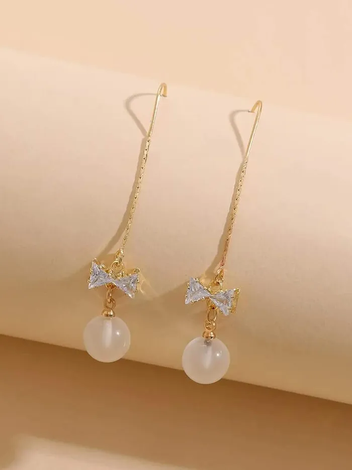 Yellow Chimes Earrings For Women Gold Tone Long Chain Tassel Bow Knot Shape Pearl Drop Earrings For Women and Girls Yellow Chimes Earrings
