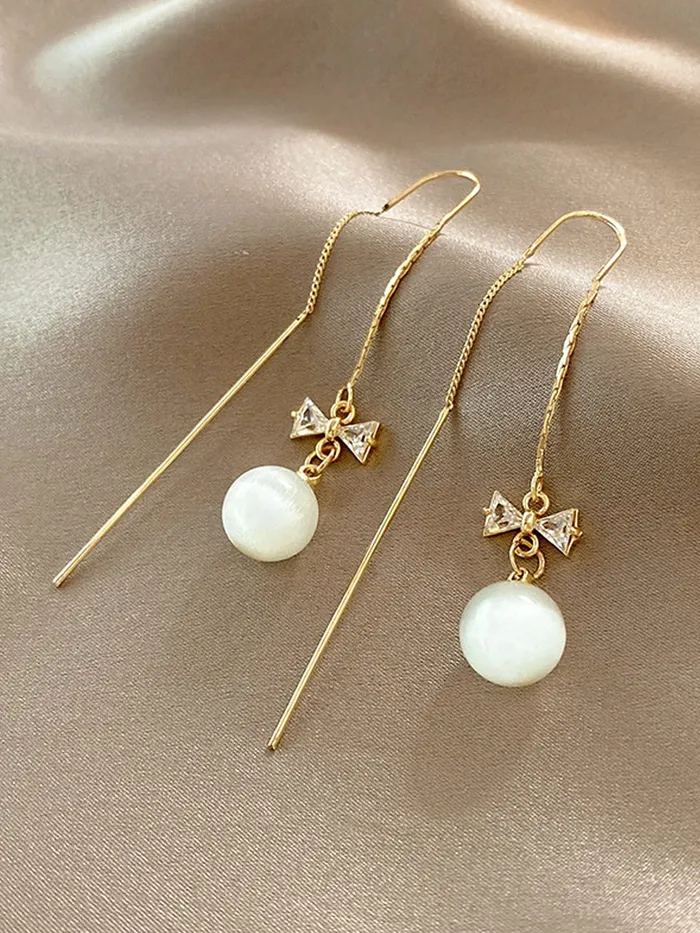 Yellow Chimes Earrings For Women Gold Tone Long Chain Tassel Bow Knot Shape Pearl Drop Earrings For Women and Girls Yellow Chimes Earrings