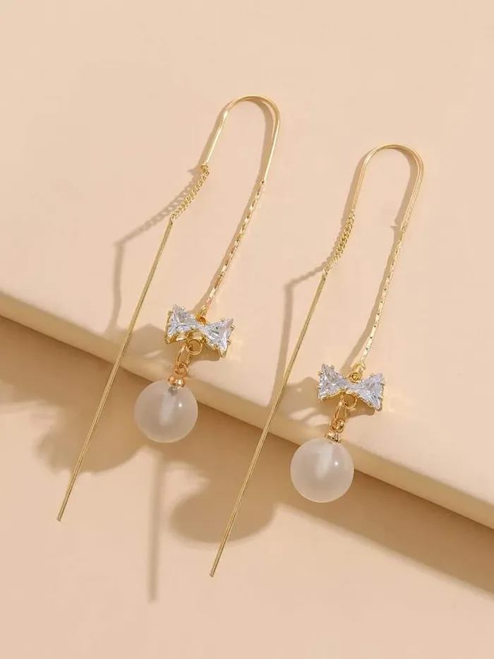 Yellow Chimes Earrings For Women Gold Tone Long Chain Tassel Bow Knot Shape Pearl Drop Earrings For Women and Girls Yellow Chimes Earrings