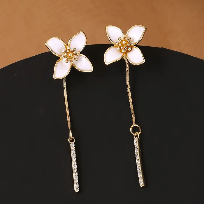 Yellow Chimes Earrings For Women Gold Tone White Color Floral Stud Back Chain Drop Dangler Earrings For Women and Girls Yellow Chimes Earrings