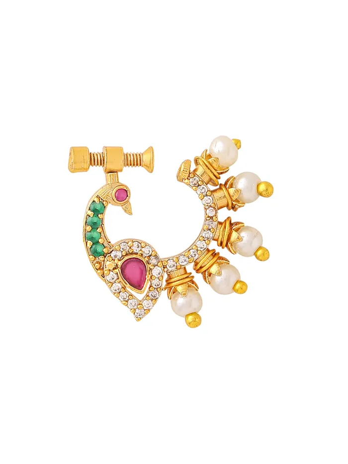 Yellow Chimes Earrings Traditional Golden AD Nose Pin for Women No Piercing Peacock Design 25cm Gold Yellow Chimes Earrings Traditional Golden AD Nose Pin for Women No Piercing Peacock Design 25cm Gold