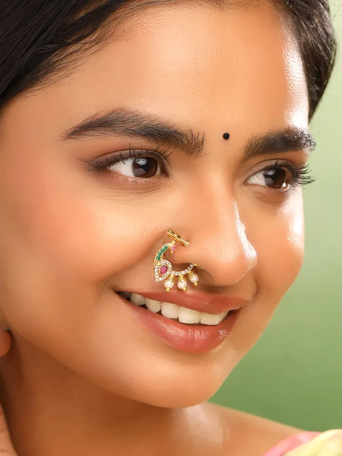 Yellow Chimes Earrings Traditional Golden AD Nose Pin for Women No Piercing Peacock Design 25cm Gold