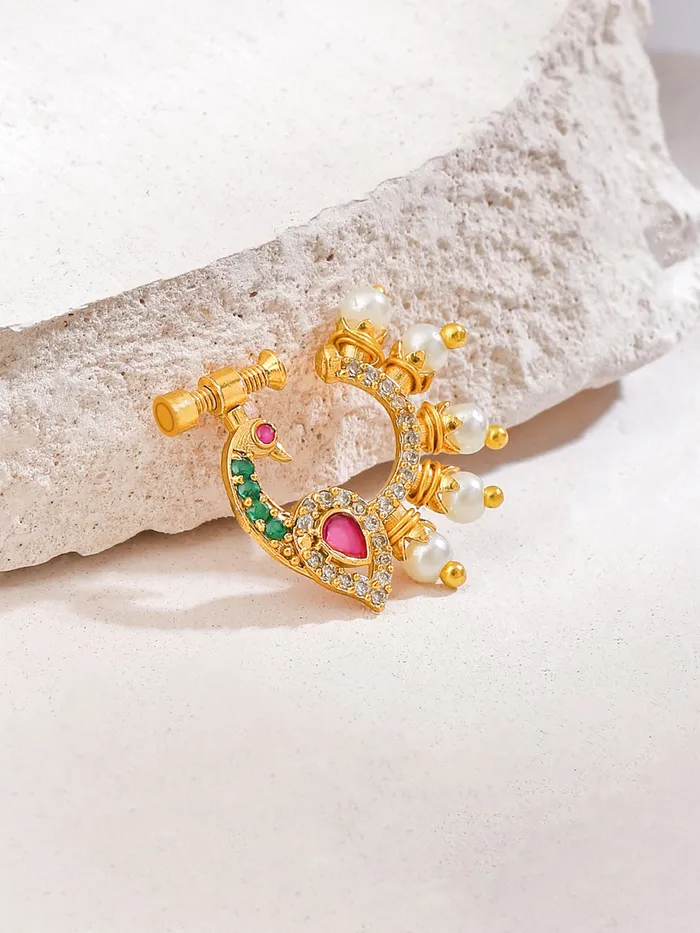 Yellow Chimes Earrings Traditional Golden AD Nose Pin for Women No Piercing Peacock Design 25cm Gold