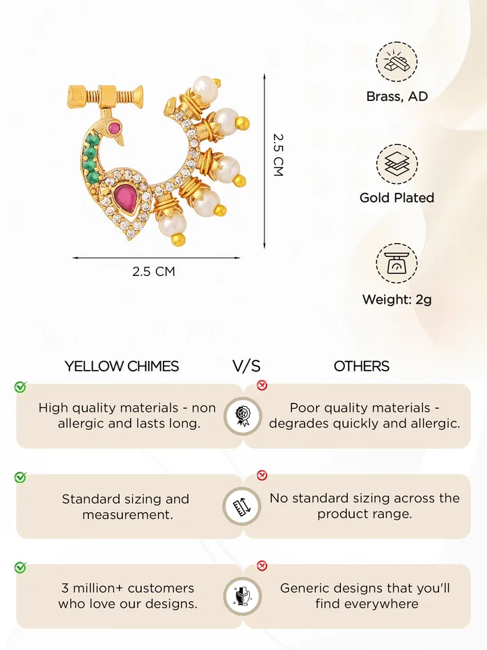 Yellow Chimes Earrings Traditional Golden AD Nose Pin for Women No Piercing Peacock Design 25cm Gold