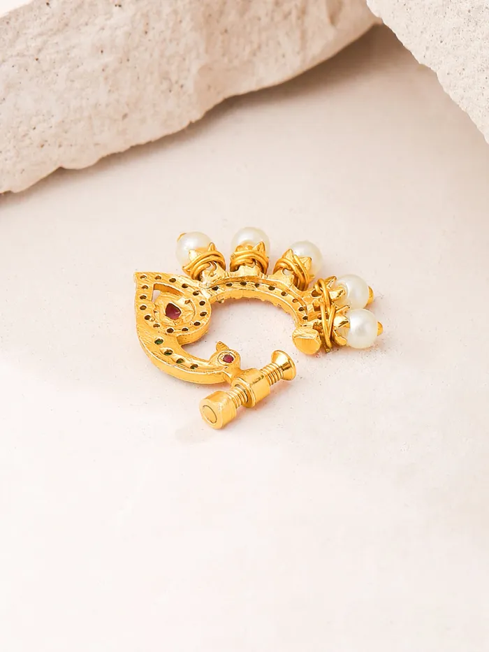 Yellow Chimes Earrings Traditional Golden AD Nose Pin for Women No Piercing Peacock Design 25cm Gold