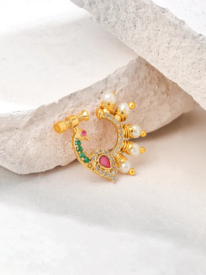 Yellow Chimes Earrings Traditional Golden AD Nose Pin for Women No Piercing Peacock Design 25cm Gold