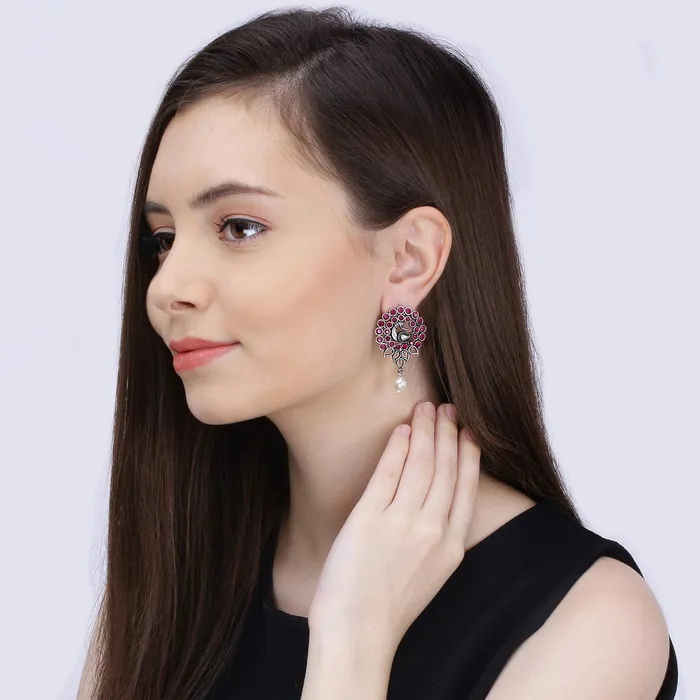 Yellow Chimes Earrings Yellow Chimes Beautiful Handmade Designer Peacock Carved With Studded Pink Stone Oxidized Silver Plated Drop Earrings for Women and Girls