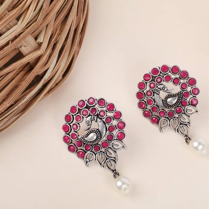 Yellow Chimes Earrings Yellow Chimes Beautiful Handmade Designer Peacock Carved With Studded Pink Stone Oxidized Silver Plated Drop Earrings for Women and Girls