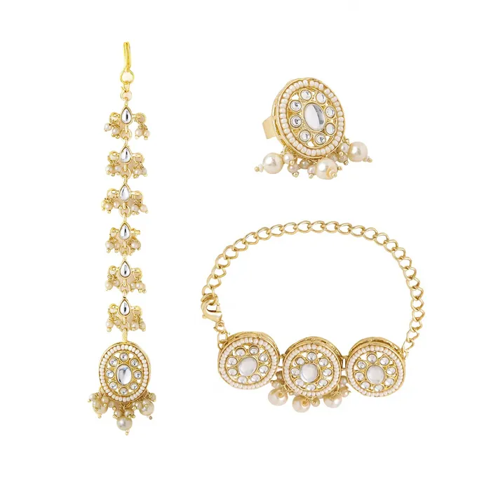 Yellow Chimes Earrings Yellow Chimes Bracelet Ring and Maangtikka Set for Women and Girls Gold Plated Kundan and Beads Studded Jewellery Set for Women and Girls