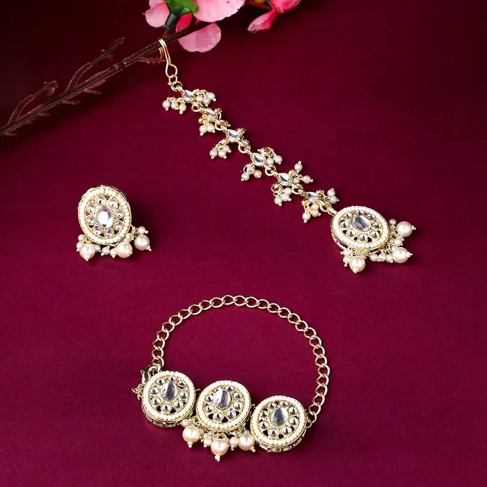 Yellow Chimes Earrings Yellow Chimes Bracelet Ring and Maangtikka Set for Women and Girls Gold Plated Kundan and Beads Studded Jewellery Set for Women and Girls