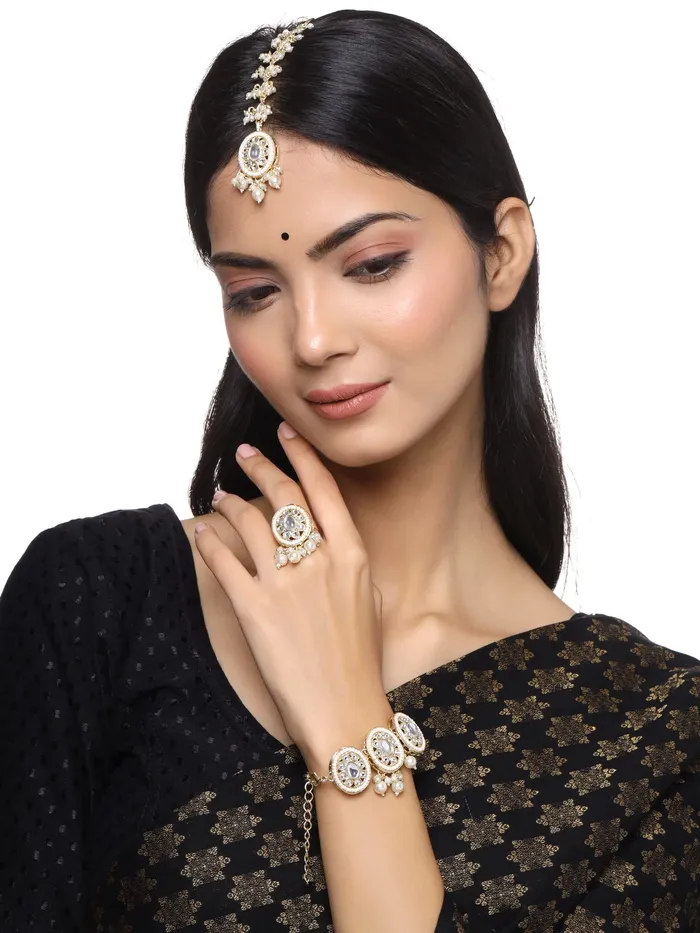 Yellow Chimes Earrings Yellow Chimes Bracelet Ring and Maangtikka Set for Women and Girls Gold Plated Kundan and Beads Studded Jewellery Set for Women and Girls