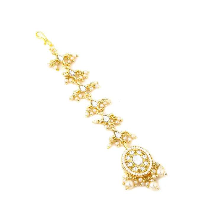 Yellow Chimes Earrings Yellow Chimes Bracelet Ring and Maangtikka Set for Women and Girls Gold Plated Kundan and Beads Studded Jewellery Set for Women and Girls