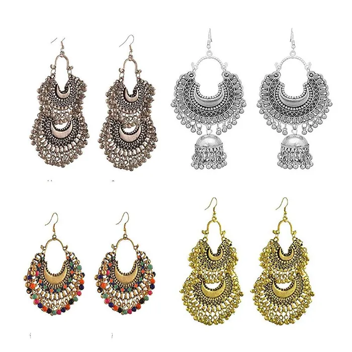 Yellow Chimes Earrings Yellow Chimes Chandbali Earrings for Women Silver Oxidised 5 Pairs Combo Afghani Style Traditional Chand Bali Earrings Women and Girls