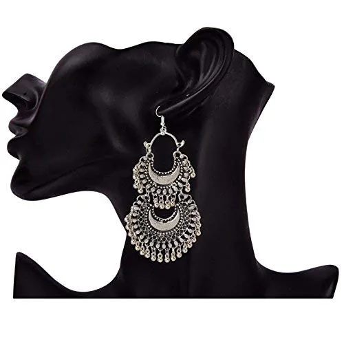Yellow Chimes Earrings Yellow Chimes Chandbali Earrings for Women Silver Oxidised 5 Pairs Combo Afghani Style Traditional Chand Bali Earrings Women and Girls