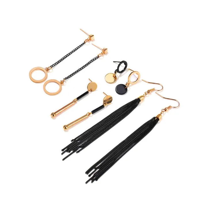 Yellow Chimes Earrings Yellow Chimes Combo Danglers Earrings for Women 4 Pairs Gold Plated Black Chain Long Dangler Earrings Set for Women and Girls