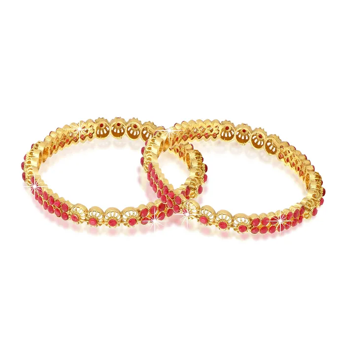 Yellow Chimes Earrings Yellow Chimes Designer Ruby Stones 2 PC Bangle Set Traditional Gold Plated Bangles for Women and Girls 26