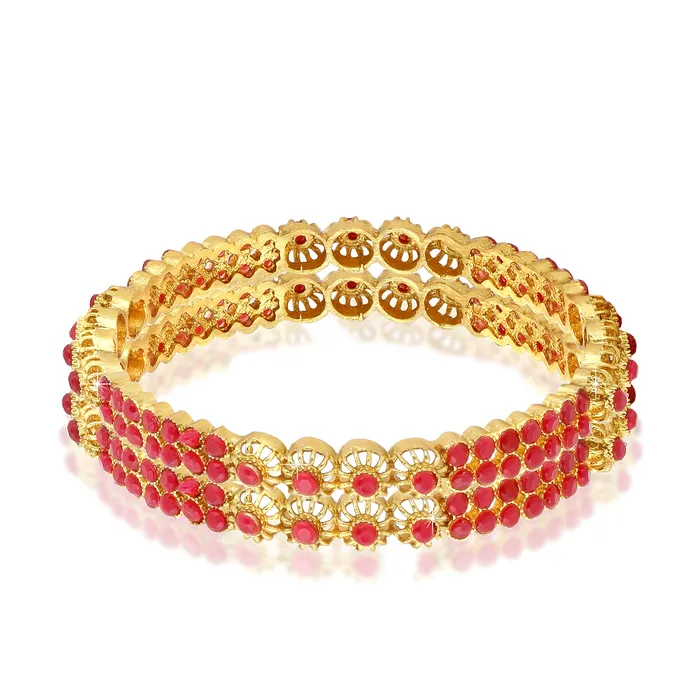 Yellow Chimes Earrings Yellow Chimes Designer Ruby Stones 2 PC Bangle Set Traditional Gold Plated Bangles for Women and Girls 26