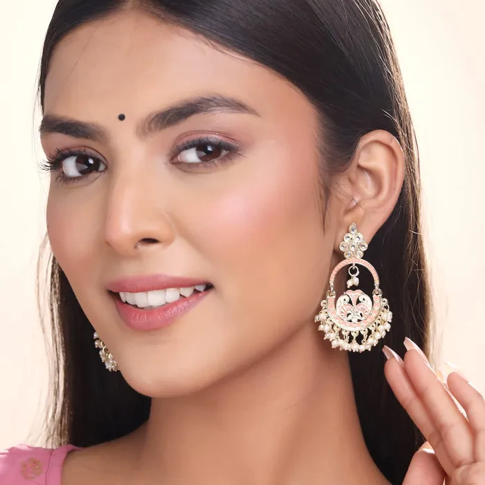 Yellow Chimes Earrings Yellow Chimes Earrings for Women and Girls Meenakari Chandbali Gold Plated Pink Meenakari Chandbali Earrings Birthday Gift for girls and women Anniversary Gift for Wife