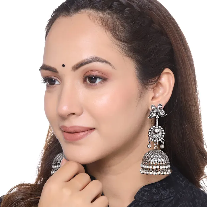 Yellow Chimes Earrings Yellow Chimes Earrings for Women and Girls Traditional Silver Oxidised JhumkaGerman SilverPeacock Designed Jhumki EarringsBirthday Gift For girls and women Anniversary Gift for Wife