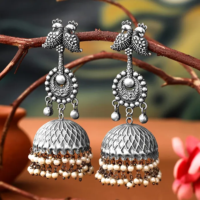 Yellow Chimes Earrings Yellow Chimes Earrings for Women and Girls Traditional Silver Oxidised JhumkaGerman SilverPeacock Designed Jhumki EarringsBirthday Gift For girls and women Anniversary Gift for Wife
