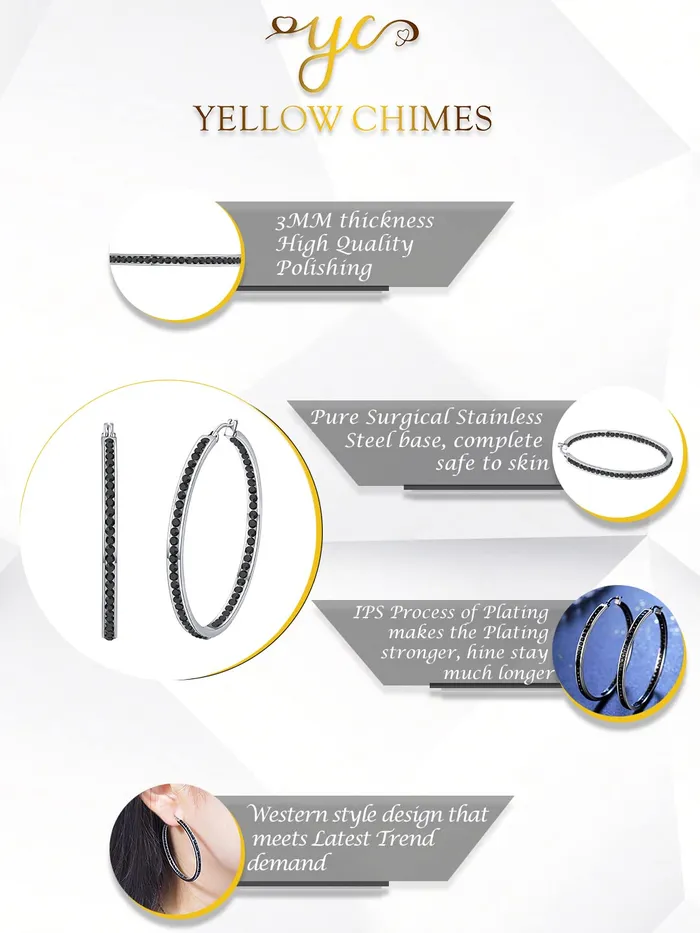 Yellow Chimes Earrings Yellow Chimes Earrings for Women Fashion Black Crystal Hoops Rhodium Plated Silver Big Hoops Earrings for Girls Birthday Gift for Girls Women Anniversary Gift for Wife