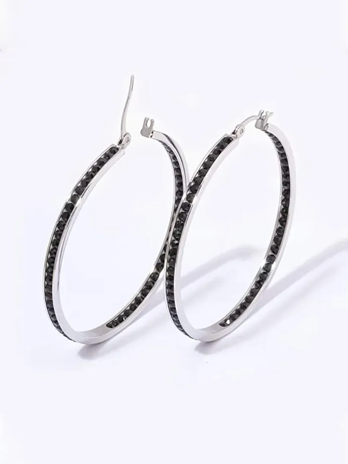 Yellow Chimes Earrings Yellow Chimes Earrings for Women Fashion Black Crystal Hoops Rhodium Plated Silver Big Hoops Earrings for Girls Birthday Gift for Girls Women Anniversary Gift for Wife