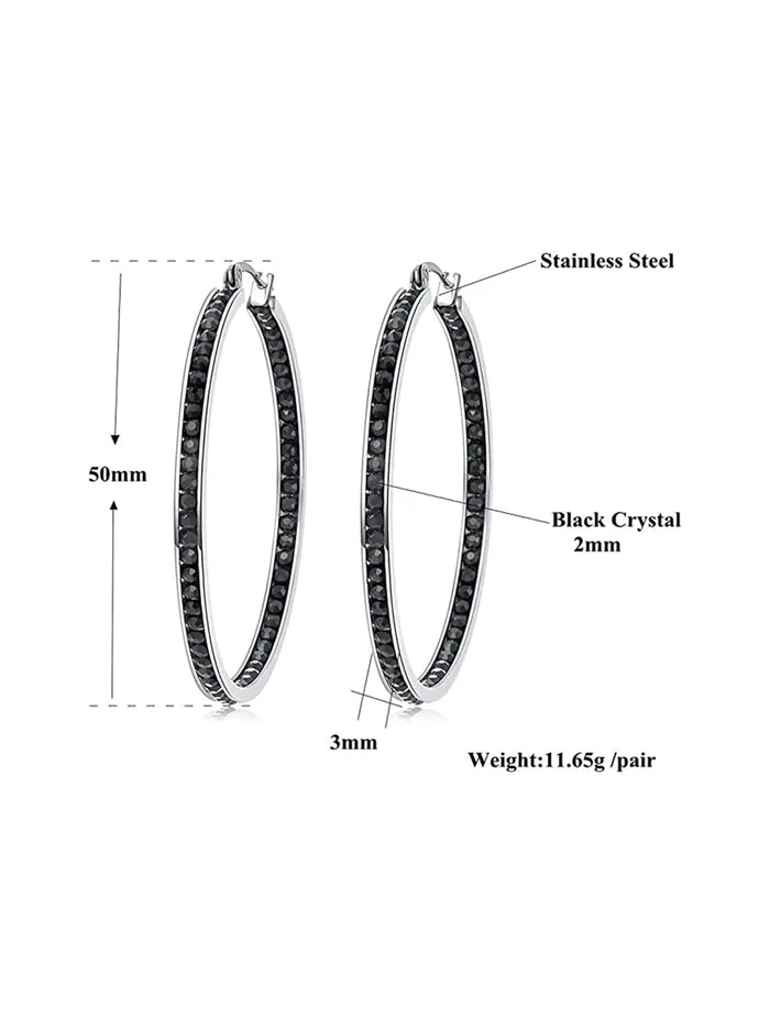 Yellow Chimes Earrings Yellow Chimes Earrings for Women Fashion Black Crystal Hoops Rhodium Plated Silver Big Hoops Earrings for Girls Birthday Gift for Girls Women Anniversary Gift for Wife