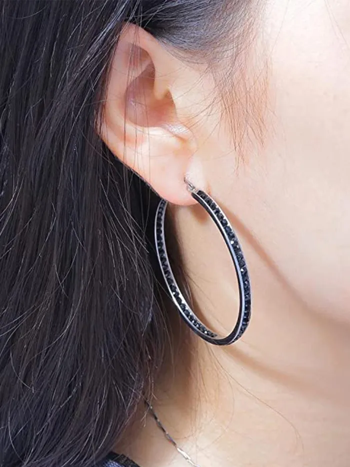 Yellow Chimes Earrings Yellow Chimes Earrings for Women Fashion Black Crystal Hoops Rhodium Plated Silver Big Hoops Earrings for Girls Birthday Gift for Girls Women Anniversary Gift for Wife