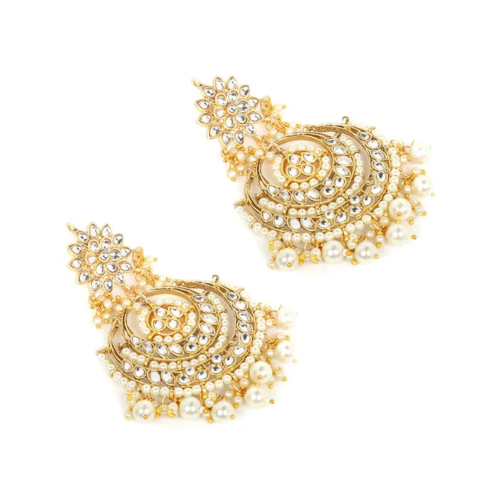 Yellow Chimes Earrings Yellow Chimes Ethnic Gold Plated Traditional Kundan Studded Flower Design Beads Chandbali Earrings for Women and Girls Medium YCTJER08KUDCHDGL