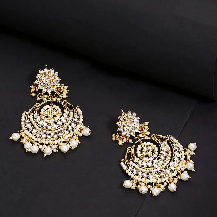 Yellow Chimes Earrings Yellow Chimes Ethnic Gold Plated Traditional Kundan Studded Flower Design Beads Chandbali Earrings for Women and Girls Medium YCTJER08KUDCHDGL
