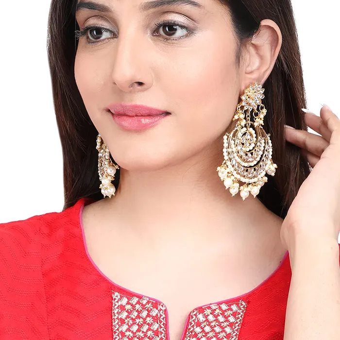 Yellow Chimes Earrings Yellow Chimes Ethnic Gold Plated Traditional Kundan Studded Flower Design Beads Chandbali Earrings for Women and Girls Medium YCTJER08KUDCHDGL