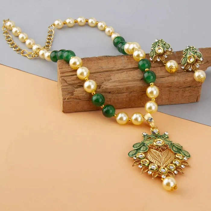 Yellow Chimes Earrings Yellow Chimes Exclusive Traditional Floral Peacock Desaign Pearl Kundan Necklace With Drop Earrings For Women