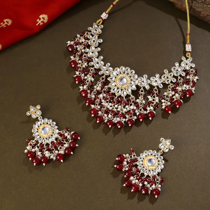 Yellow Chimes Earrings Yellow Chimes Jewellery Set for Women and Girls Traditional Kundan Necklaces Set Gold Plated Red Beads Drop Kundan Set Birthday Gift for girls and women Anniversary Gift for Wife