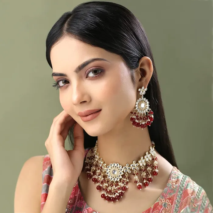 Yellow Chimes Earrings Yellow Chimes Jewellery Set for Women and Girls Traditional Kundan Necklaces Set Gold Plated Red Beads Drop Kundan Set Birthday Gift for girls and women Anniversary Gift for Wife
