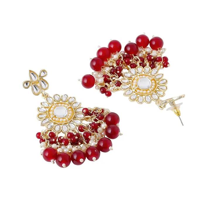 Yellow Chimes Earrings Yellow Chimes Jewellery Set for Women and Girls Traditional Kundan Necklaces Set Gold Plated Red Beads Drop Kundan Set Birthday Gift for girls and women Anniversary Gift for Wife