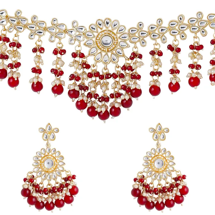 Yellow Chimes Earrings Yellow Chimes Jewellery Set for Women and Girls Traditional Kundan Necklaces Set Gold Plated Red Beads Drop Kundan Set Birthday Gift for girls and women Anniversary Gift for Wife