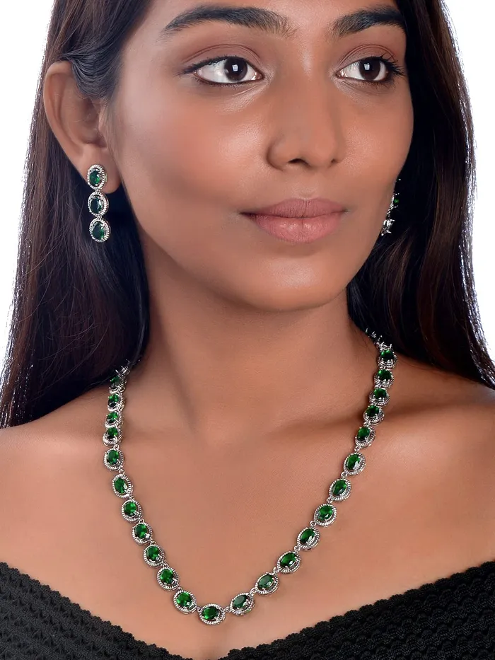 Yellow Chimes Earrings Yellow Chimes Jewellery Set for Women RhodiumPlated Emerald Green Real Cubic Zircon Necklace Set Classic CZ Jewellery Set for Women and Girls
