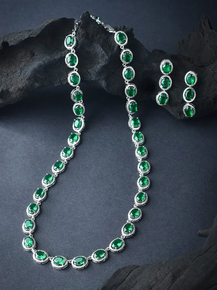 Yellow Chimes Earrings Yellow Chimes Jewellery Set for Women RhodiumPlated Emerald Green Real Cubic Zircon Necklace Set Classic CZ Jewellery Set for Women and Girls