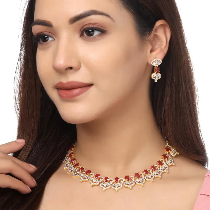 Yellow Chimes Earrings Yellow Chimes Jewellery Set for Womens Gold Plated ADAmerican Diamond Studded Red Crystal Necklace Set with Earrings for Women and Girls