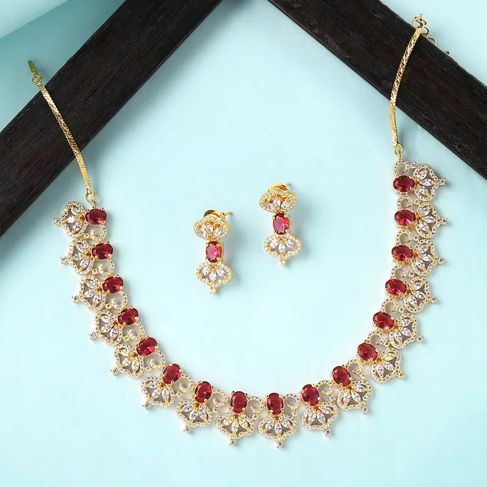 Yellow Chimes Earrings Yellow Chimes Jewellery Set for Womens Gold Plated ADAmerican Diamond Studded Red Crystal Necklace Set with Earrings for Women and Girls