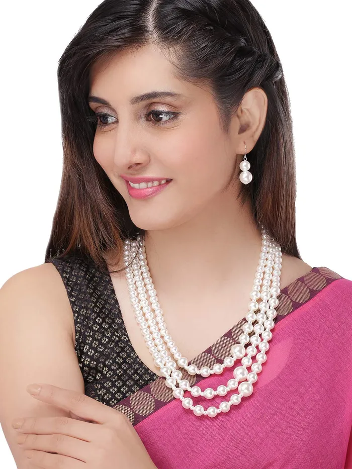 Yellow Chimes Earrings Yellow Chimes Latest Fashion White Pearl Royal Style Multilayer Necklace Set with Earrings for Women Girls