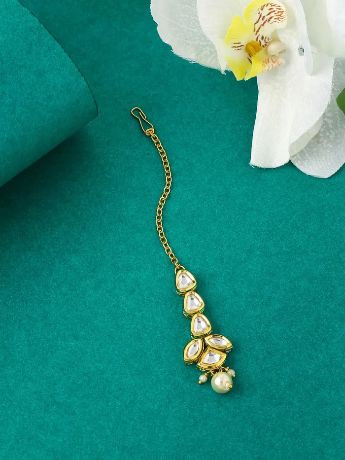 Yellow Chimes Earrings Yellow Chimes Maangtikka for Women Gold Toned Kundan Studded Floral Designed White Beads Drop Maangtikka for Women and Girls
