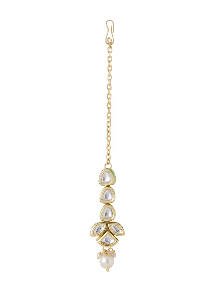 Yellow Chimes Earrings Yellow Chimes Maangtikka for Women Gold Toned Kundan Studded Floral Designed White Beads Drop Maangtikka for Women and Girls