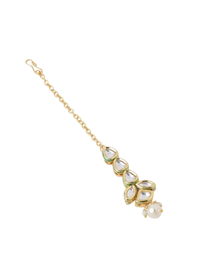 Yellow Chimes Earrings Yellow Chimes Maangtikka for Women Gold Toned Kundan Studded Floral Designed White Beads Drop Maangtikka for Women and Girls