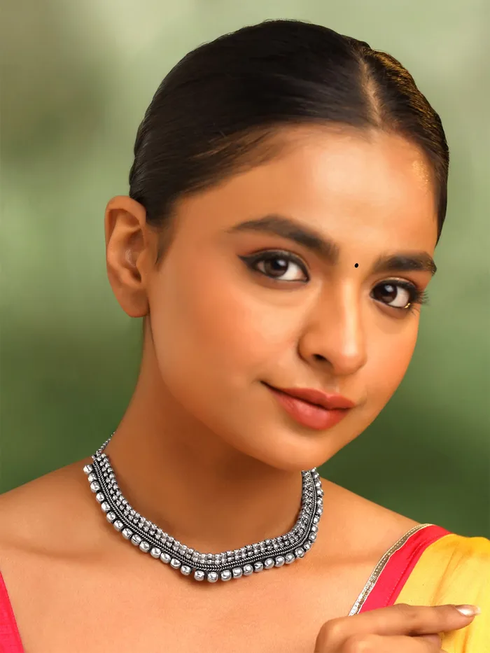 Yellow Chimes Earrings Yellow Chimes Necklace for Women Silver Oxidised Beads Studded Choker Necklace for Women and Girls