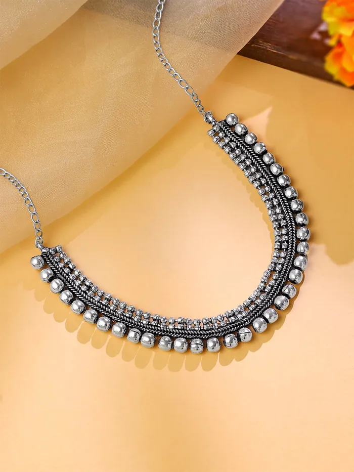 Yellow Chimes Earrings Yellow Chimes Necklace for Women Silver Oxidised Beads Studded Choker Necklace for Women and Girls