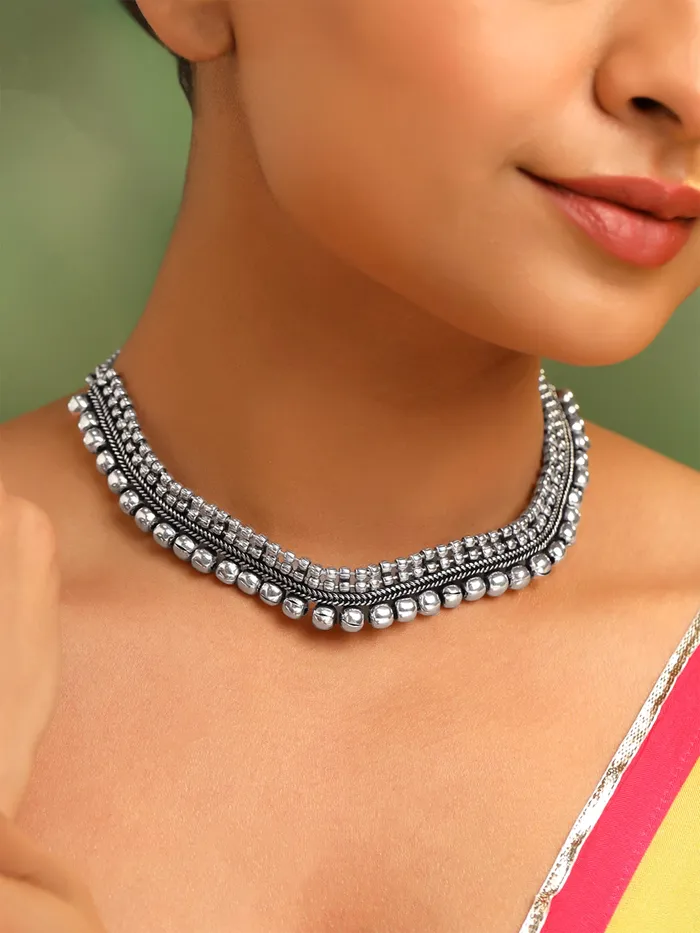 Yellow Chimes Earrings Yellow Chimes Necklace for Women Silver Oxidised Beads Studded Choker Necklace for Women and Girls