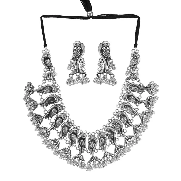 Yellow Chimes Earrings Yellow Chimes Oxidised Jewellery Set for Women Silver Oxidised Jewellery Set Peacock Carved Choker Necklace Set for Women and Girls